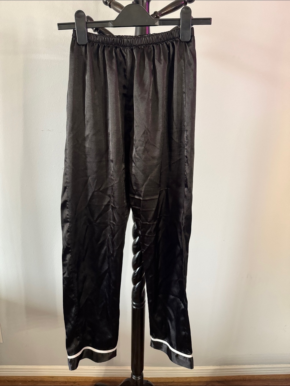 Black Satin Men’s Lounge Pants with White Trim